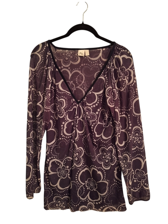Po-Em Tops - PO-EM Black And White Floral V-Neck Long Sleeve Tee Lightweight Large